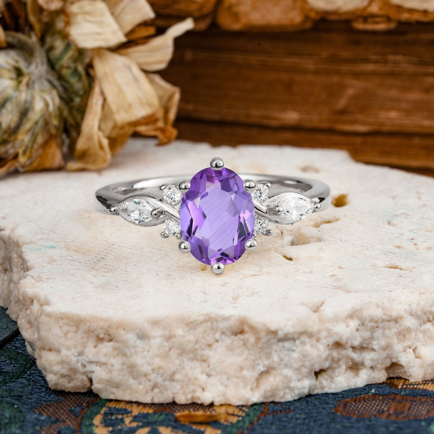 Nature Inspired 6 Prong Leaf Oval Cut Amethyst Engagement Ring