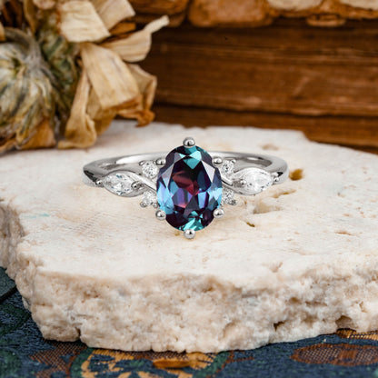 Nature Inspired 6 Prong Leaf Oval Cut Alexandrite Engagement Ring