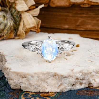 Nature Inspired 6 Prong Leaf Oval Cut Moonstone Engagement Ring