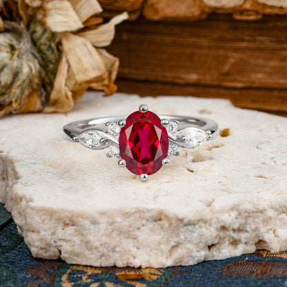 Nature Inspired 6 Prong Leaf Oval Cut Ruby Engagement Ring