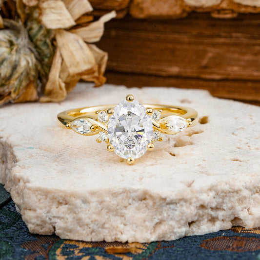 Nature Inspired 6 Prong Leaf Oval Cut Moissanite Engagement Ring