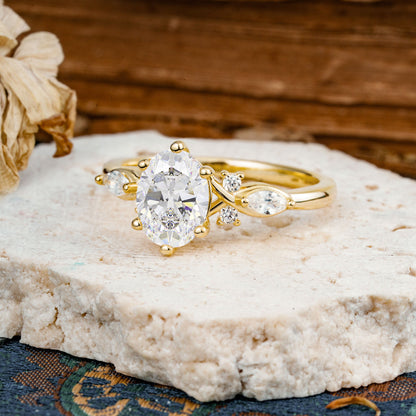 Nature Inspired 6 Prong Leaf Oval Cut Moissanite Engagement Ring