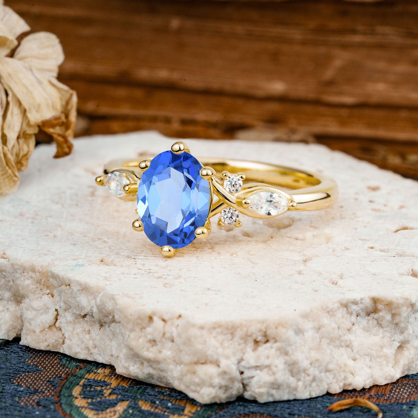 Nature Inspired 6 Prong Leaf Oval Cut Sapphire Engagement Ring