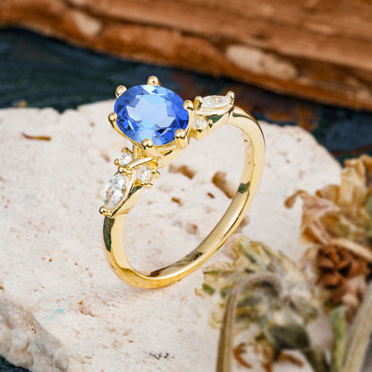 Nature Inspired 6 Prong Leaf Oval Cut Sapphire Engagement Ring