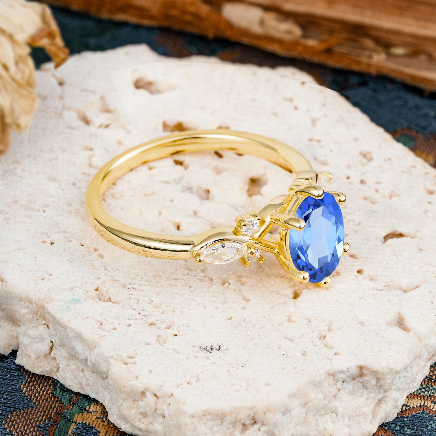 Nature Inspired 6 Prong Leaf Oval Cut Sapphire Engagement Ring