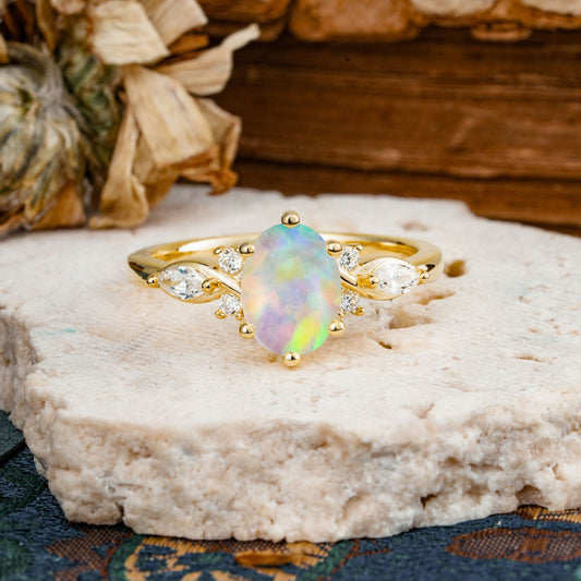Nature Inspired 6 Prong Leaf Oval Cut Fire Opal Engagement Ring