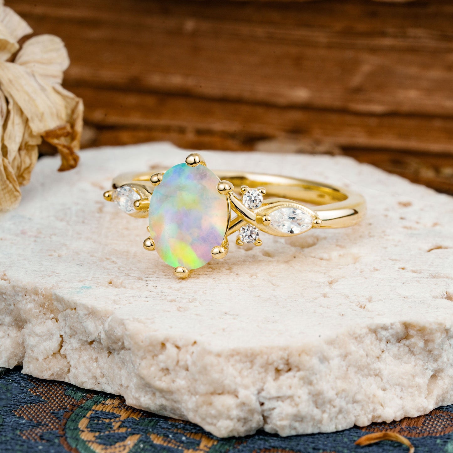 Nature Inspired 6 Prong Leaf Oval Cut Fire Opal Engagement Ring