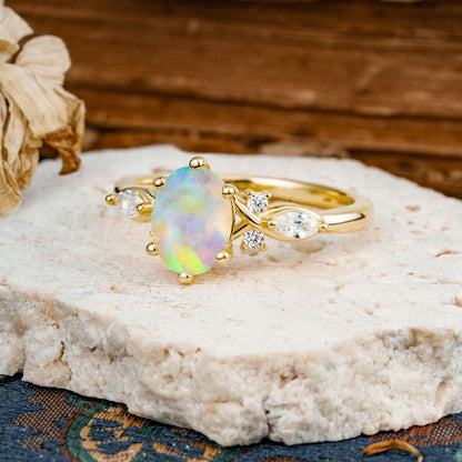 Nature Inspired 6 Prong Leaf Oval Cut Fire Opal Engagement Ring