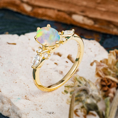 Nature Inspired 6 Prong Leaf Oval Cut Fire Opal Engagement Ring