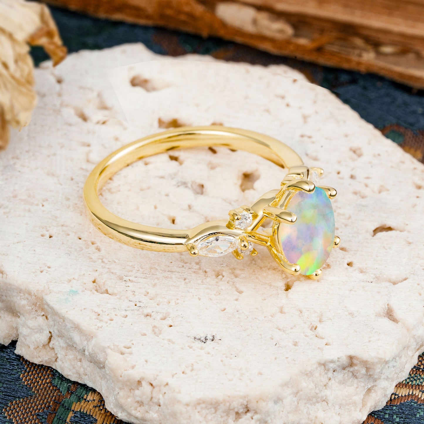Nature Inspired 6 Prong Leaf Oval Cut Fire Opal Engagement Ring