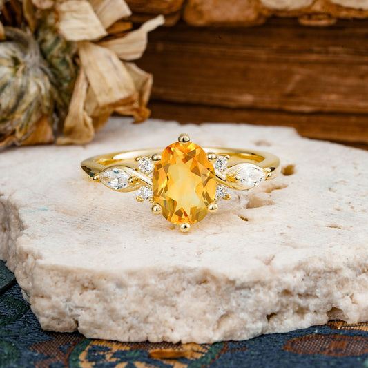 Nature Inspired 6 Prong Leaf Oval Cut Citrine Engagement Ring