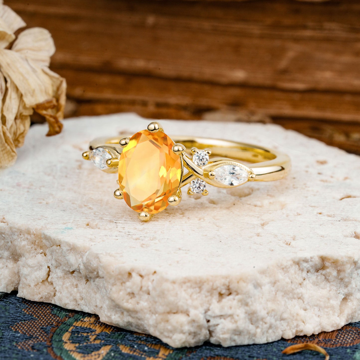 Nature Inspired 6 Prong Leaf Oval Cut Citrine Engagement Ring