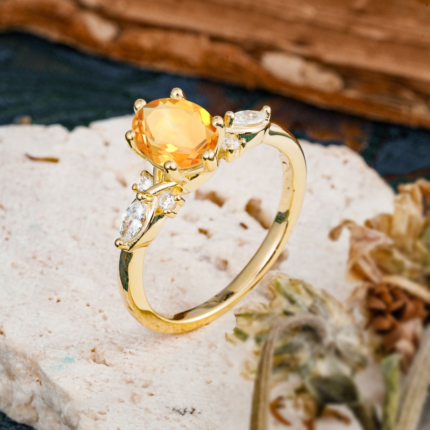 Nature Inspired 6 Prong Leaf Oval Cut Citrine Engagement Ring