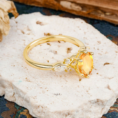Nature Inspired 6 Prong Leaf Oval Cut Citrine Engagement Ring