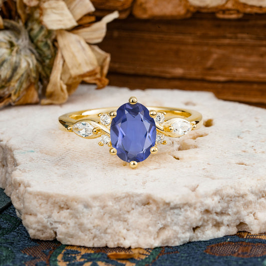 Nature Inspired 6 Prong Leaf Oval Cut Tanzanite Engagement Ring