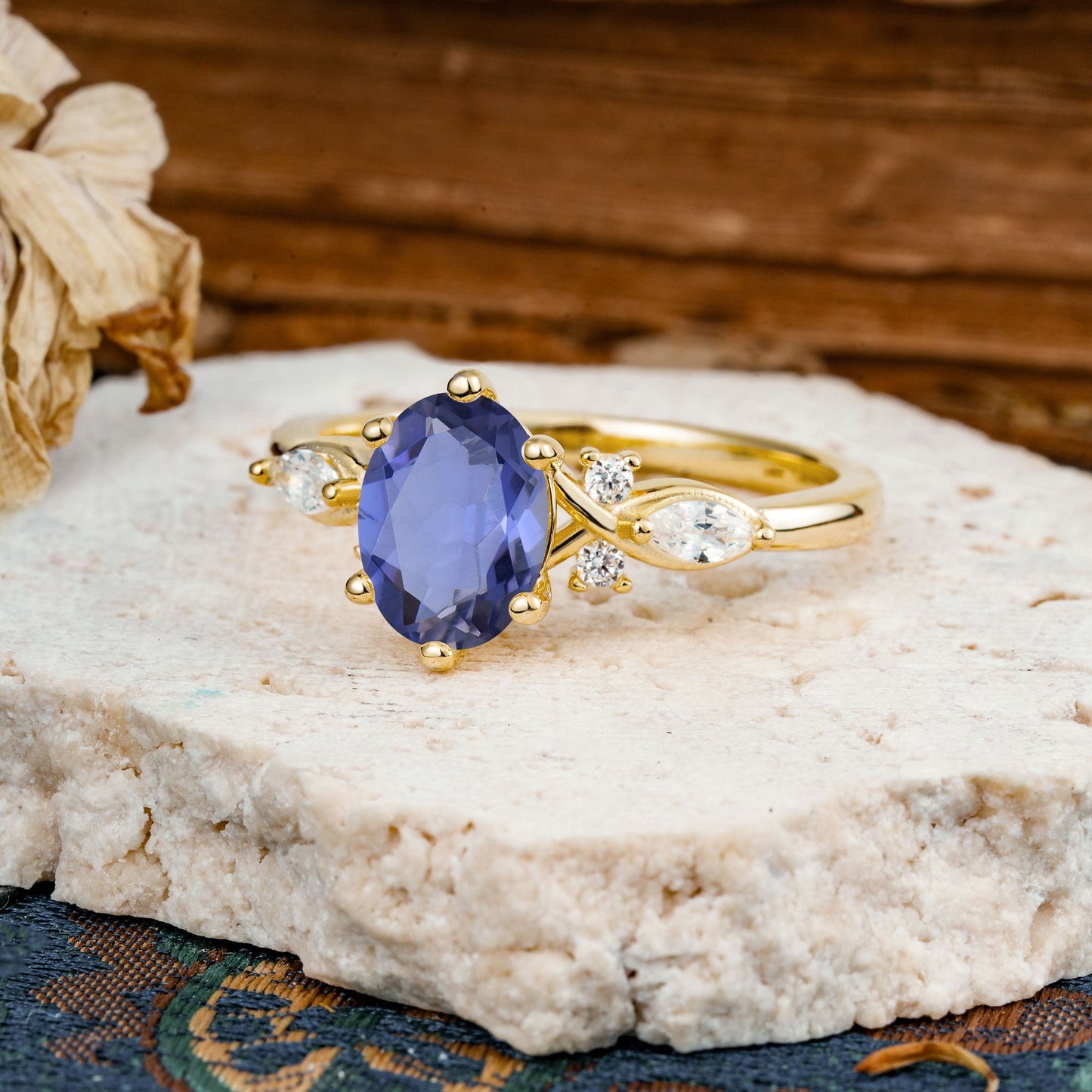 Nature Inspired 6 Prong Leaf Oval Cut Tanzanite Engagement Ring