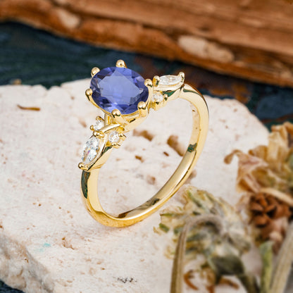 Nature Inspired 6 Prong Leaf Oval Cut Tanzanite Engagement Ring