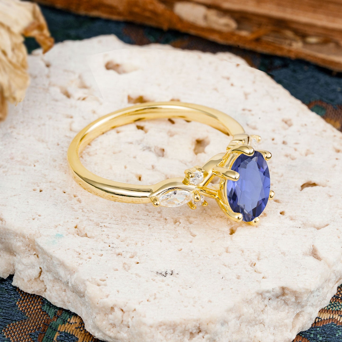 Nature Inspired 6 Prong Leaf Oval Cut Tanzanite Engagement Ring