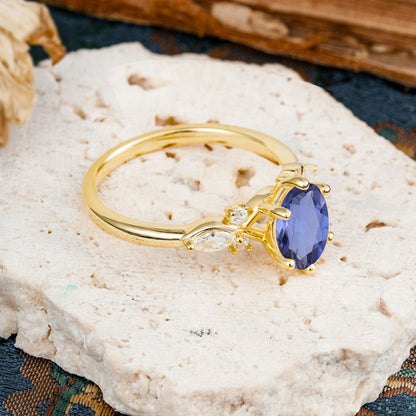 Nature Inspired 6 Prong Leaf Oval Cut Tanzanite Engagement Ring