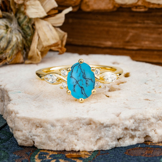 Nature Inspired 6 Prong Leaf Oval Cut Turquoise Engagement Ring