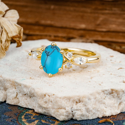 Nature Inspired 6 Prong Leaf Oval Cut Turquoise Engagement Ring