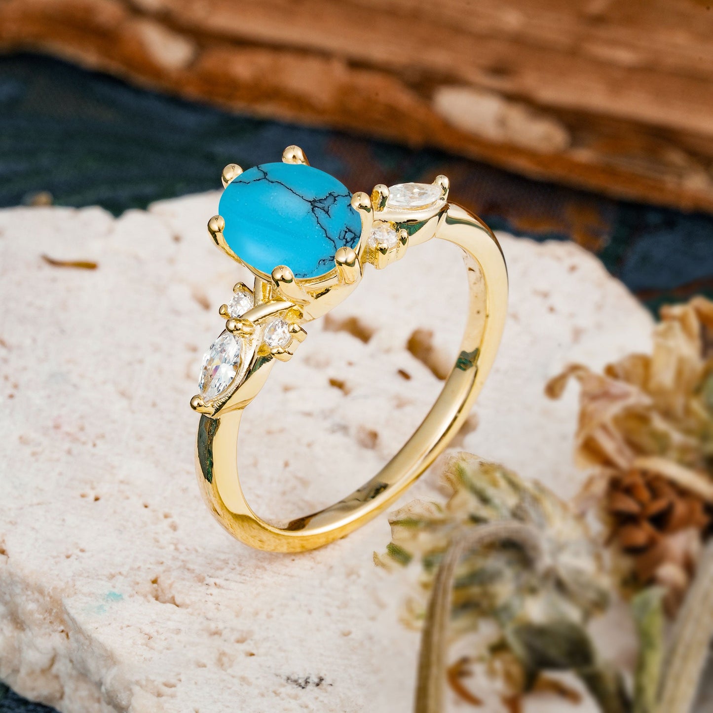 Nature Inspired 6 Prong Leaf Oval Cut Turquoise Engagement Ring