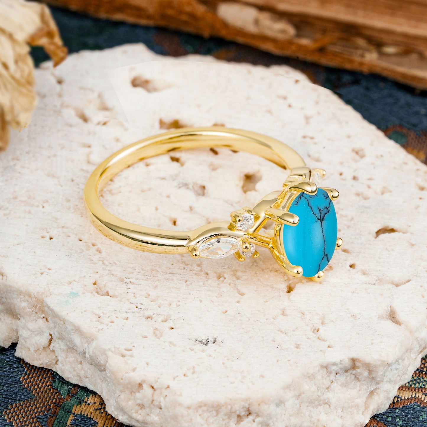 Nature Inspired 6 Prong Leaf Oval Cut Turquoise Engagement Ring
