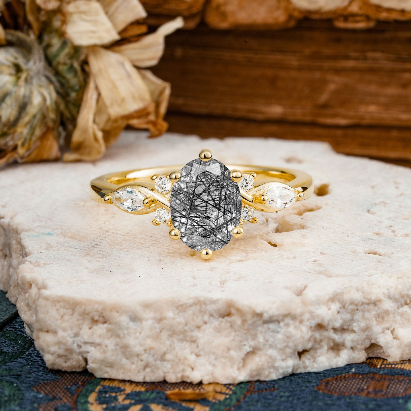 Nature Inspired 6 Prong Leaf Oval Cut Black Rutilated Quartz Engagement Ring