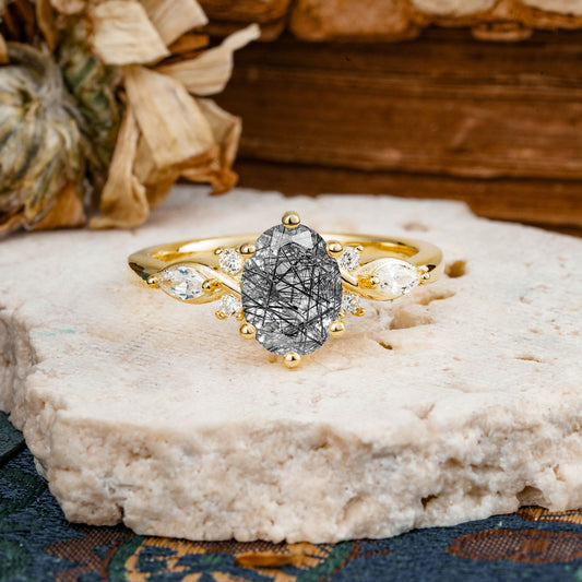 Nature Inspired 6 Prong Leaf Oval Cut Black Rutilated Quartz Engagement Ring