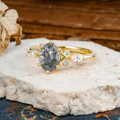 Nature Inspired 6 Prong Leaf Oval Cut Black Rutilated Quartz Engagement Ring