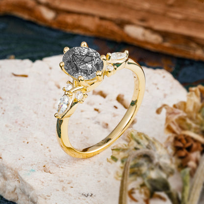 Nature Inspired 6 Prong Leaf Oval Cut Black Rutilated Quartz Engagement Ring