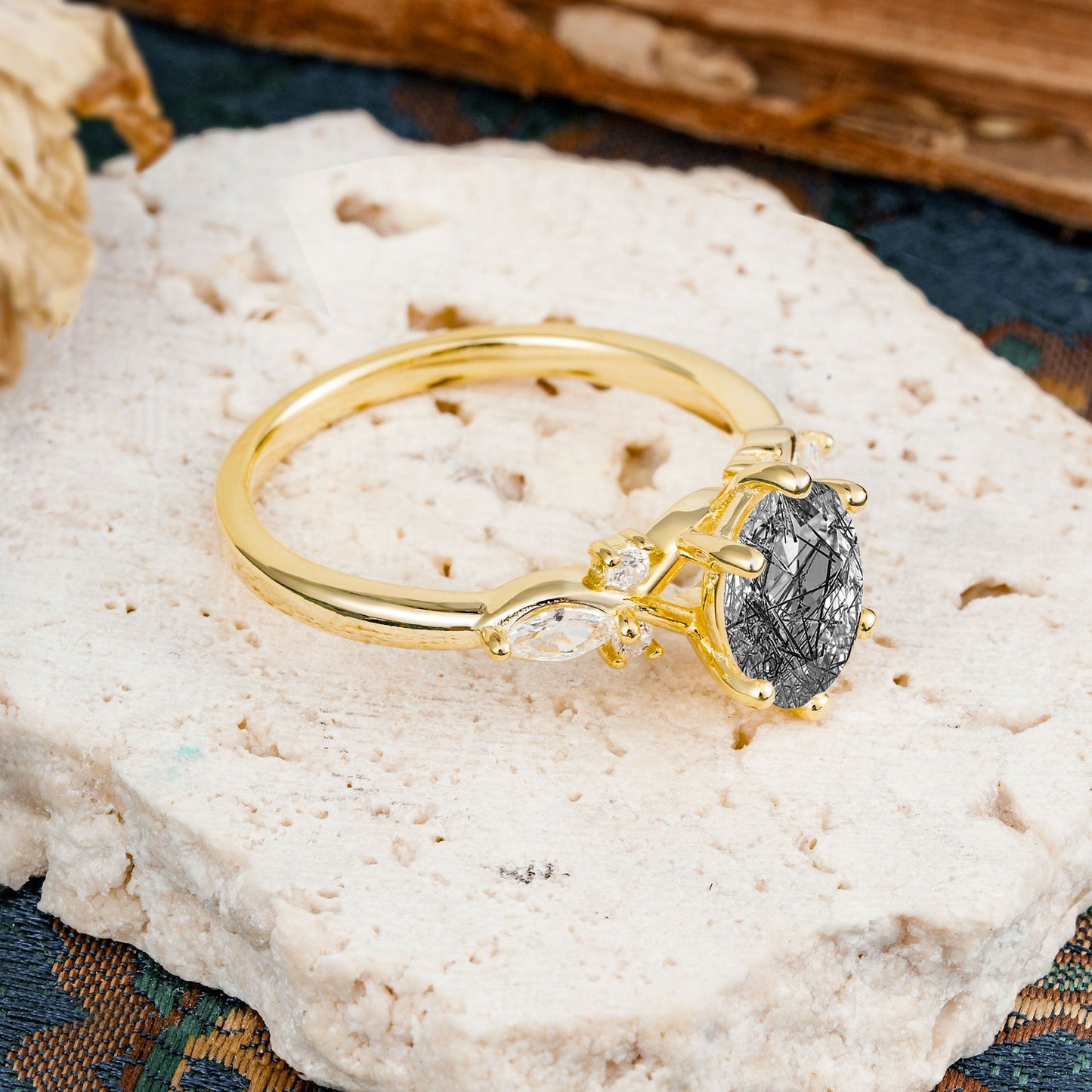 Nature Inspired 6 Prong Leaf Oval Cut Black Rutilated Quartz Engagement Ring