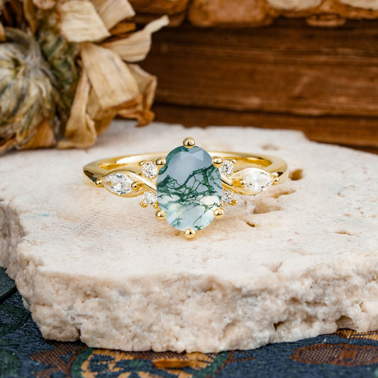 Nature Inspired 6 Prong Leaf Oval Cut Moss Agate Engagement Ring