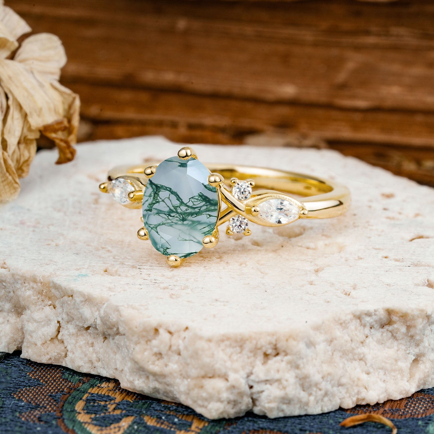 Nature Inspired 6 Prong Leaf Oval Cut Moss Agate Engagement Ring