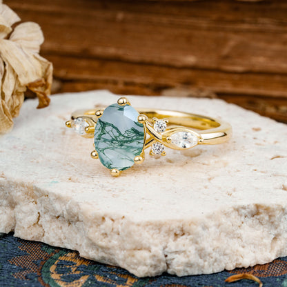 Nature Inspired 6 Prong Leaf Oval Cut Moss Agate Engagement Ring