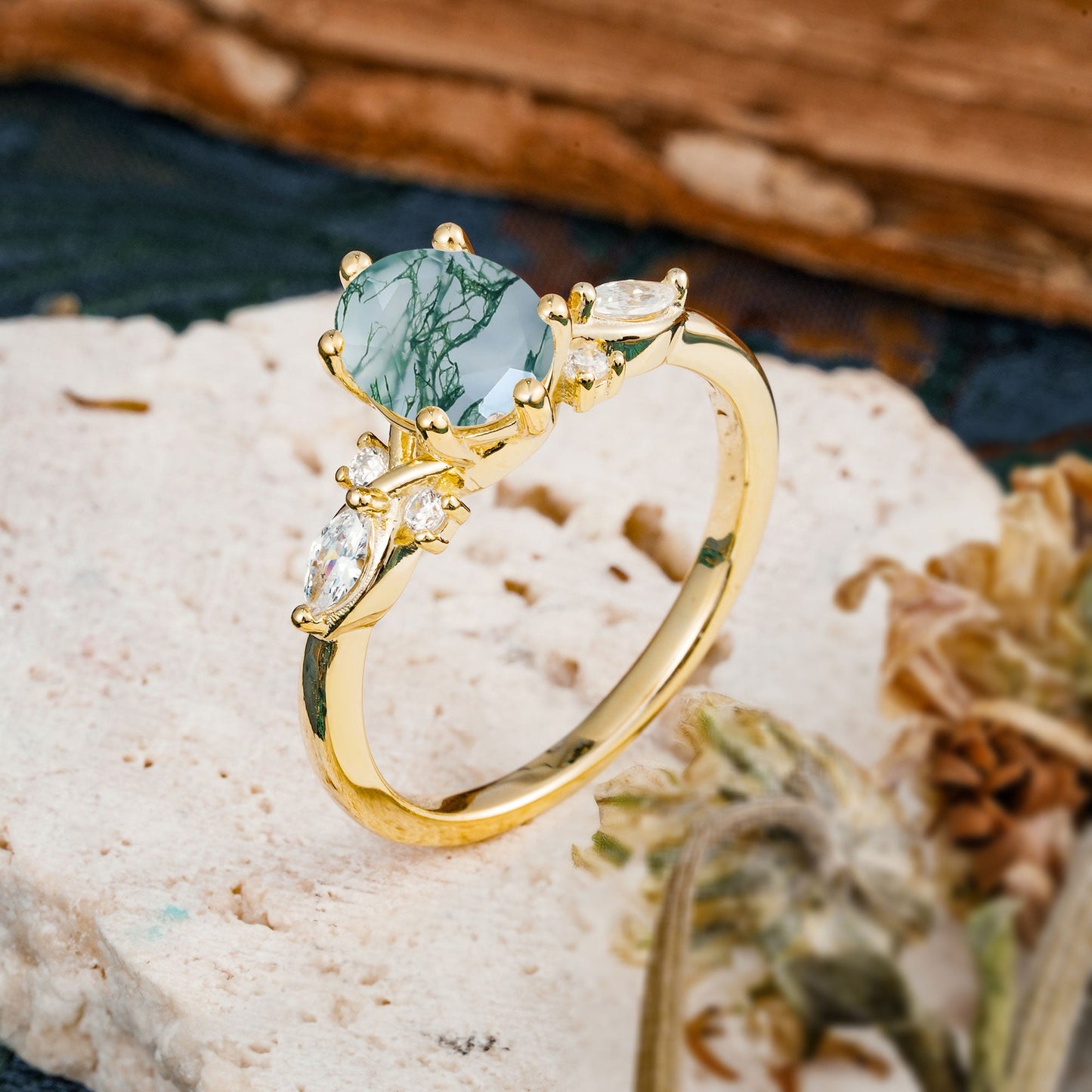 Nature Inspired 6 Prong Leaf Oval Cut Moss Agate Engagement Ring