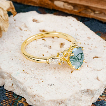 Nature Inspired 6 Prong Leaf Oval Cut Moss Agate Engagement Ring
