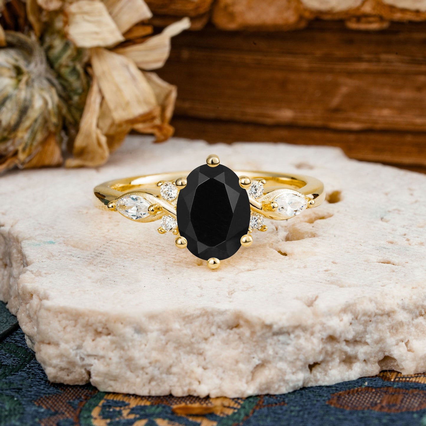 Nature Inspired 6 Prong Leaf Oval Cut Black Onyx Engagement Ring