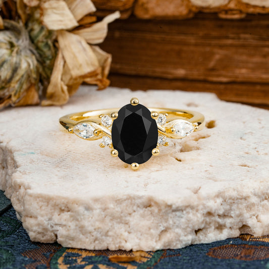 Nature Inspired 6 Prong Leaf Oval Cut Black Onyx Engagement Ring