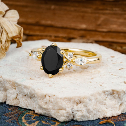 Nature Inspired 6 Prong Leaf Oval Cut Black Onyx Engagement Ring