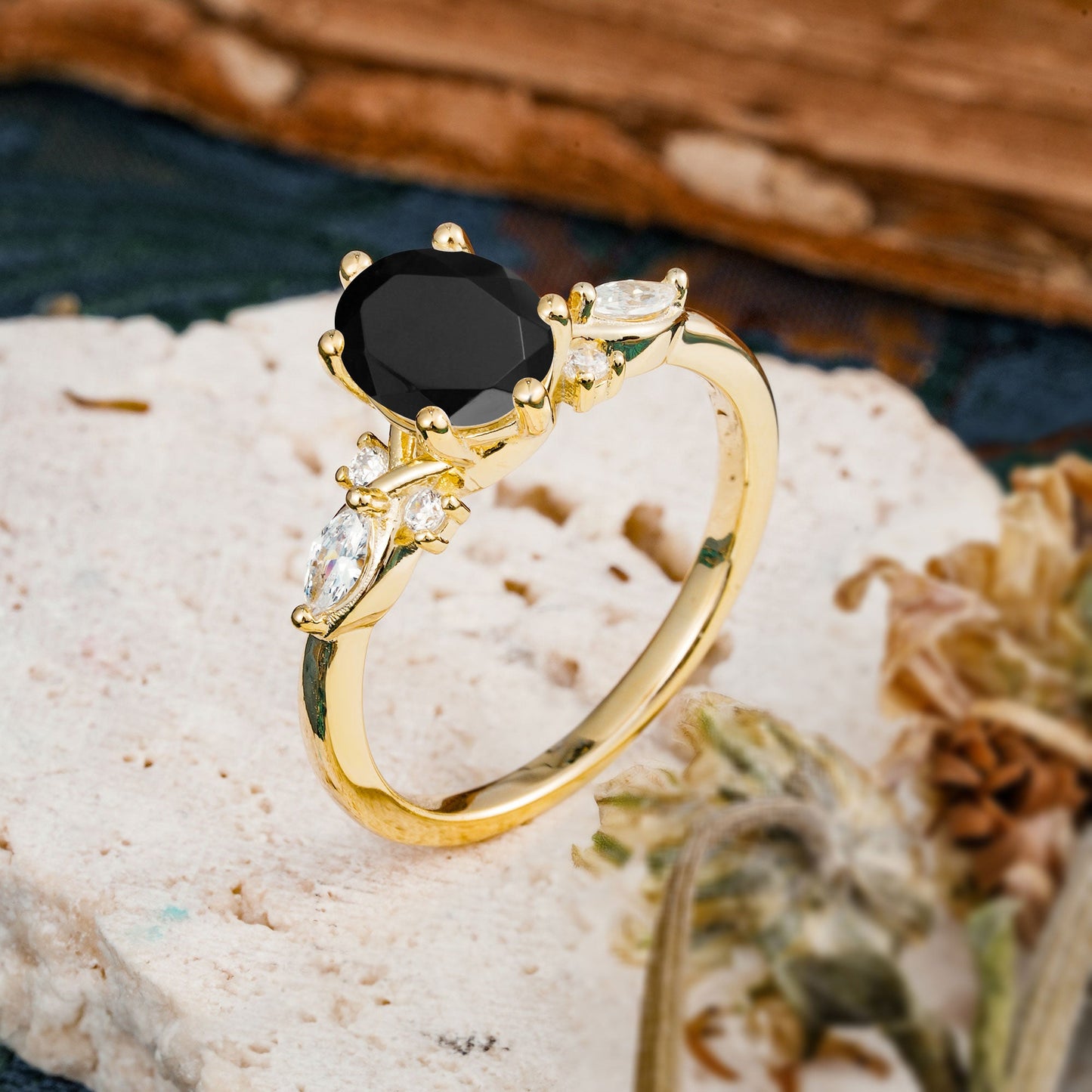 Nature Inspired 6 Prong Leaf Oval Cut Black Onyx Engagement Ring