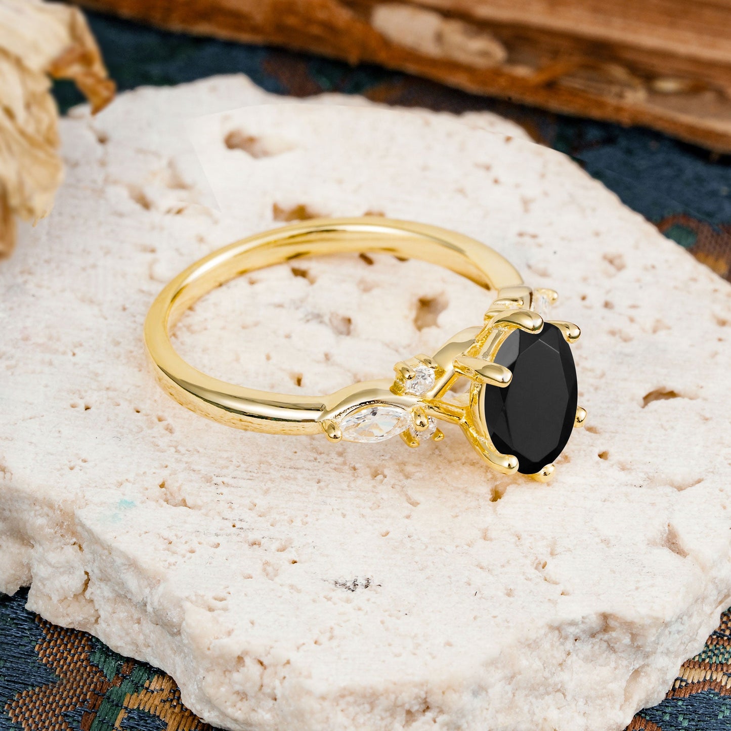 Nature Inspired 6 Prong Leaf Oval Cut Black Onyx Engagement Ring