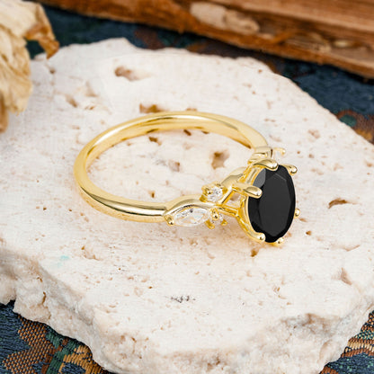 Nature Inspired 6 Prong Leaf Oval Cut Black Onyx Engagement Ring