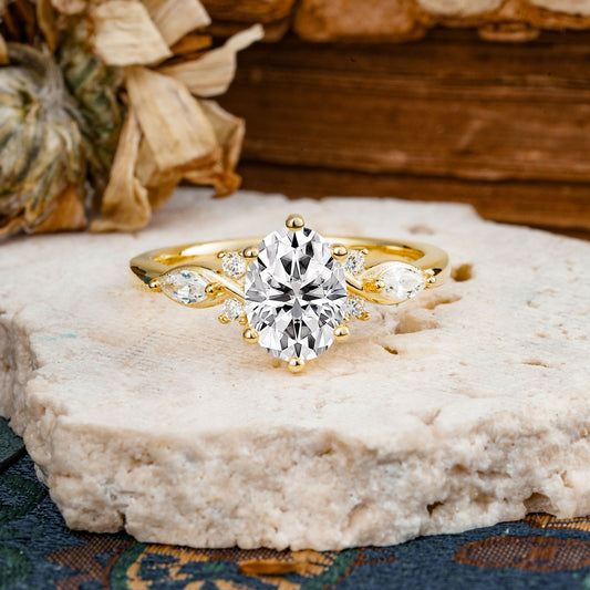 Nature Inspired 6 Prong Leaf Oval Cut Lab Diamond Engagement Ring