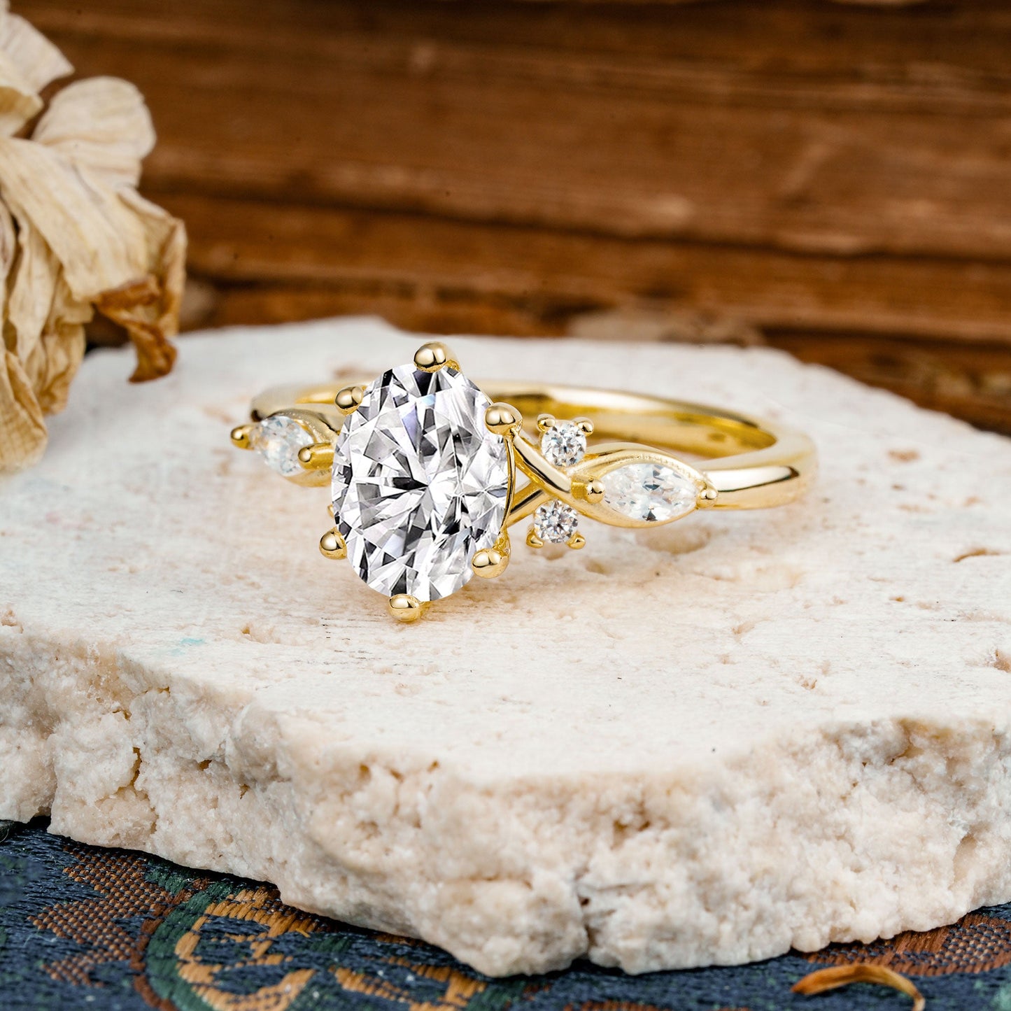 Nature Inspired 6 Prong Leaf Oval Cut Lab Diamond Engagement Ring