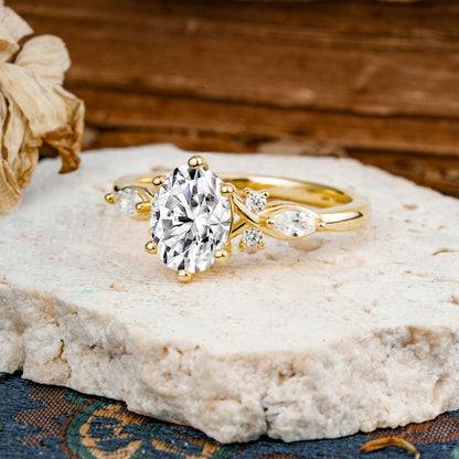Nature Inspired 6 Prong Leaf Oval Cut Lab Diamond Engagement Ring