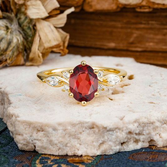 Nature Inspired 6 Prong Leaf Oval Cut Garnet Engagement Ring
