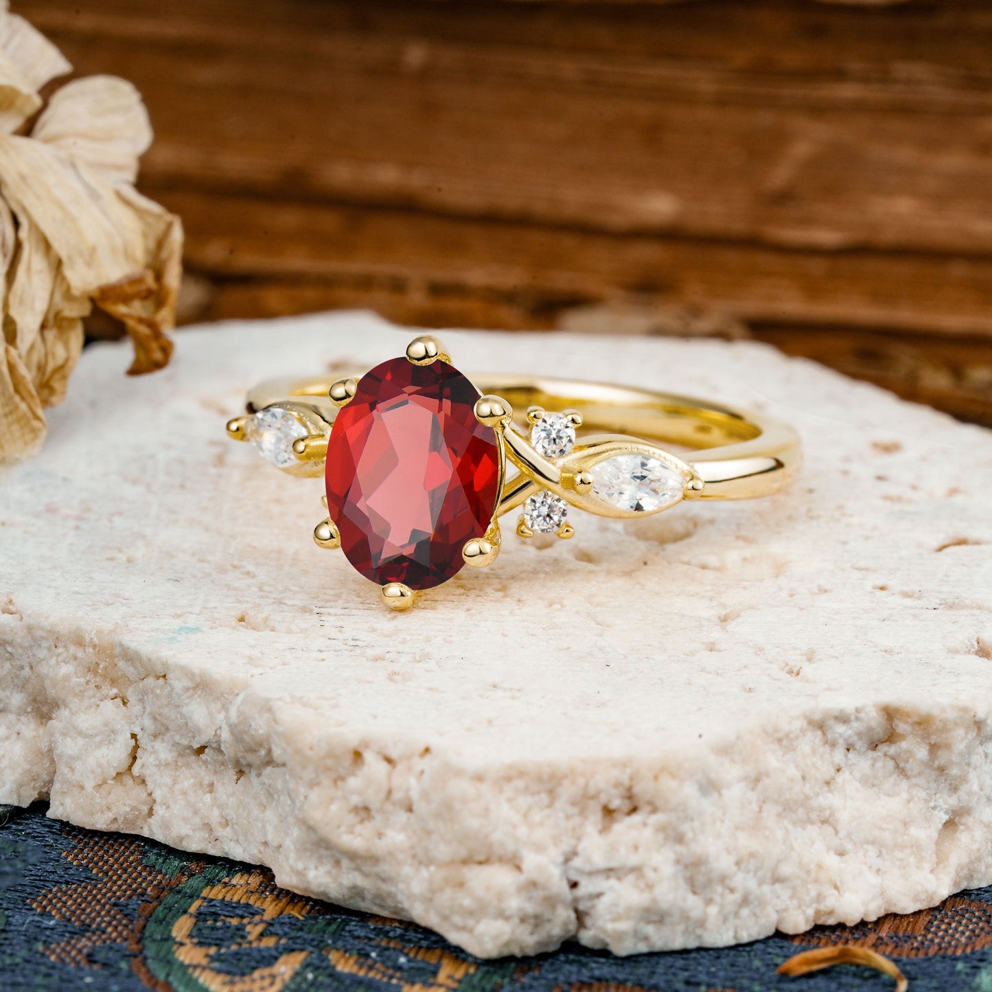 Nature Inspired 6 Prong Leaf Oval Cut Garnet Engagement Ring