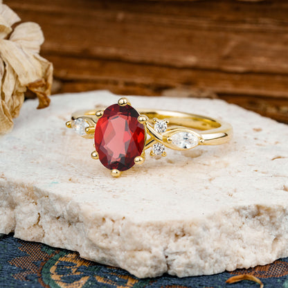 Nature Inspired 6 Prong Leaf Oval Cut Garnet Engagement Ring