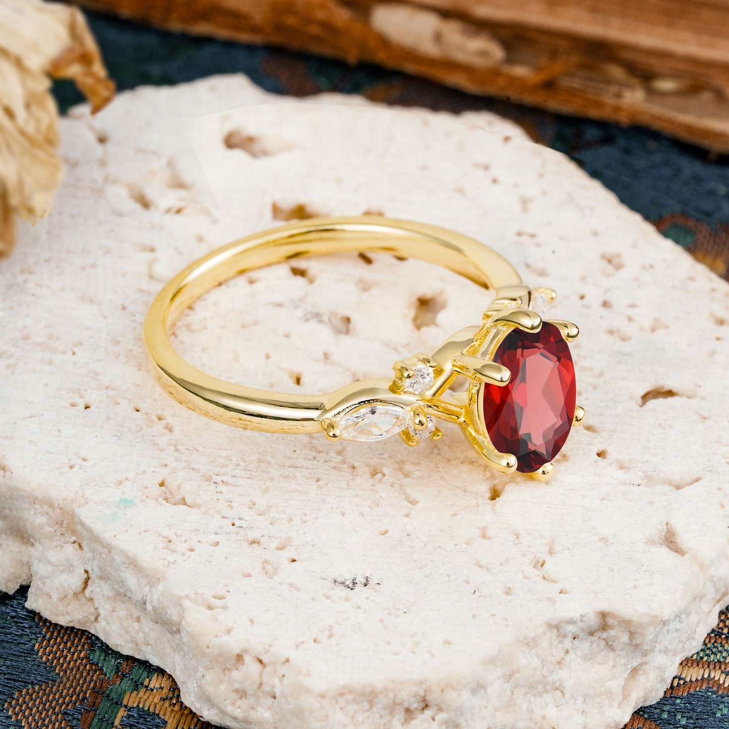 Nature Inspired 6 Prong Leaf Oval Cut Garnet Engagement Ring